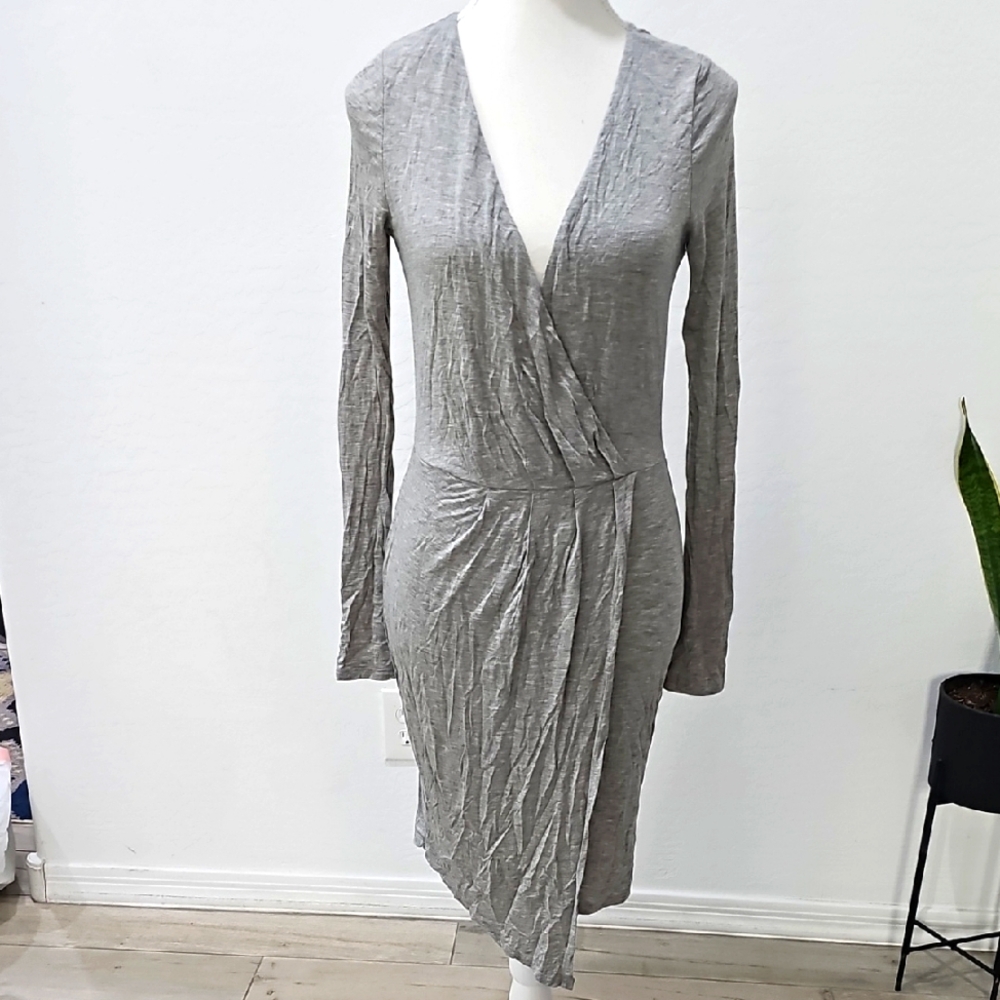 Lulu's Gray Long Sleeve Wrap Dress with Ruched Waist